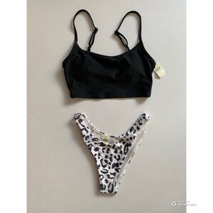 Aerie Small Bikini Set Black Scoop Top + Cheetah Print Cheekier Bottom NWT